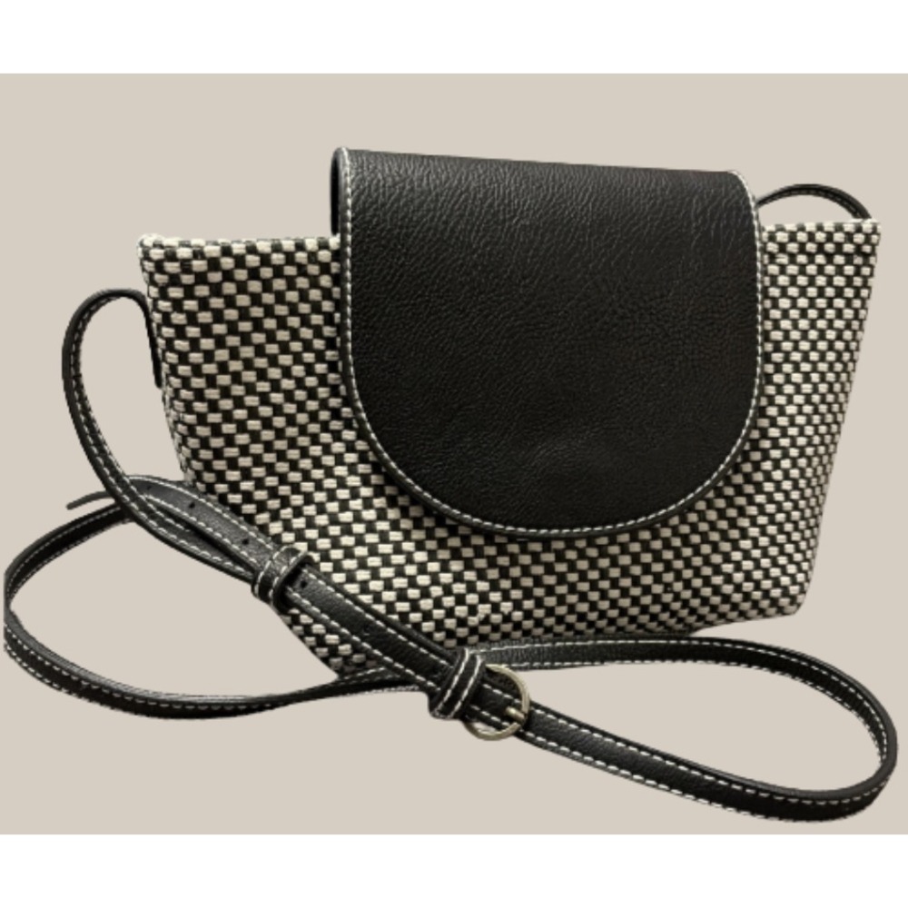 Black White Woven Crossbody Flap Modern Minimal Elevated Basic‎ BoHo Purse